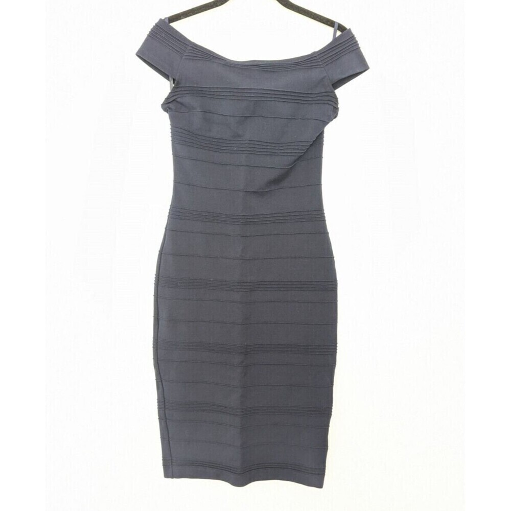 Ted Baker Dress Women Size 1/S Navy Blue Bodycon Pintuck Rose Gold Cocktail Midi - Picture 2 of 11